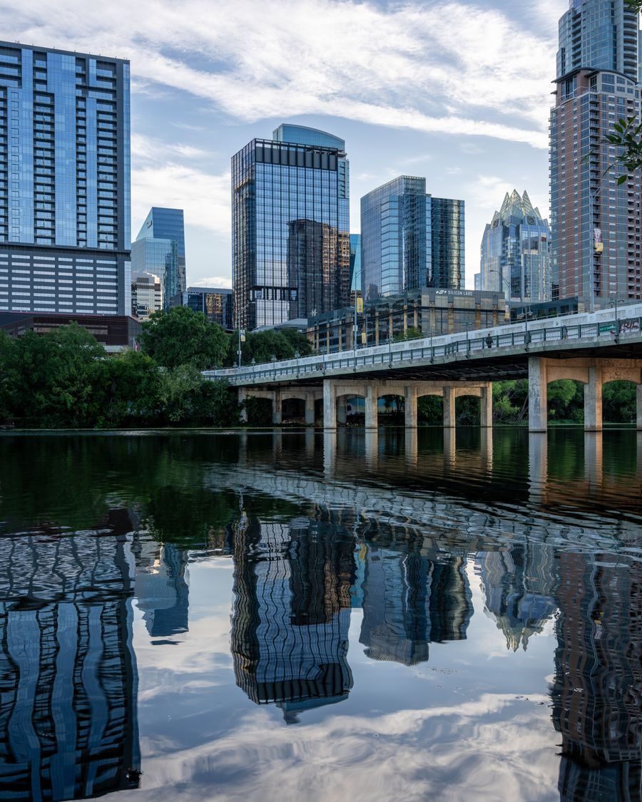 Austin, the downtown skyline reflected in Lady Bird Lake
