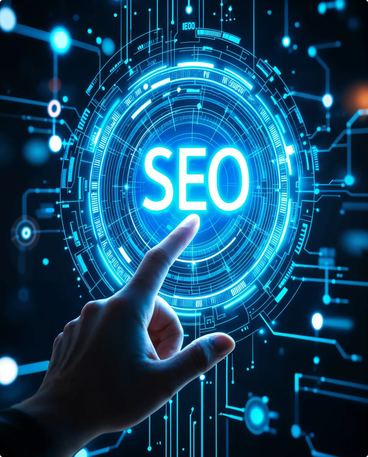 A hand touching a glowing blue SEO graphic on a digital circuit background