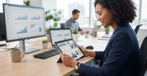 Professional reading a news article on a tablet at her desk