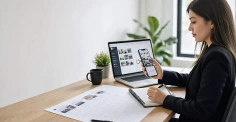 Woman at a desk working on a laptop and a phone