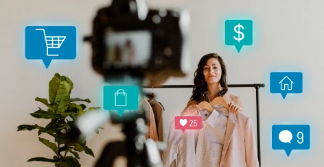Woman showing clothing to a camera, with shopping, price, and like icons around her