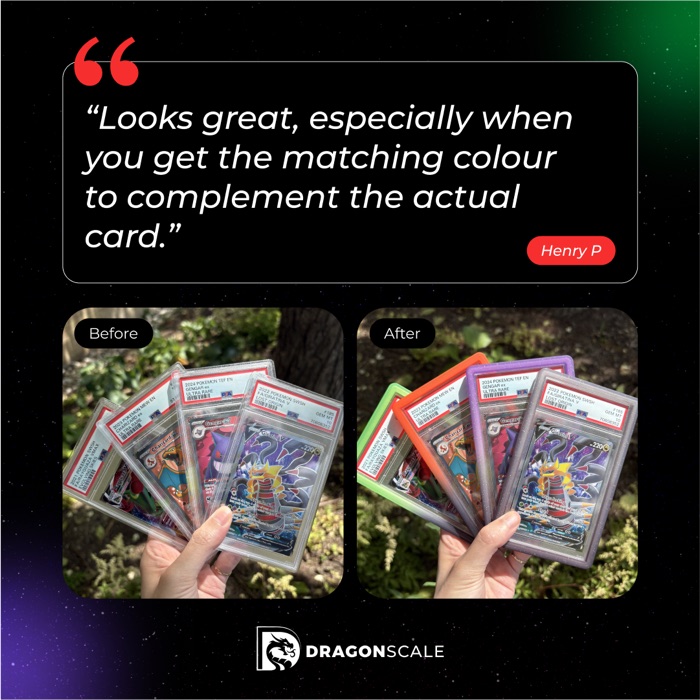 Dragonscale ad with a customer review and a before and after of the card guards