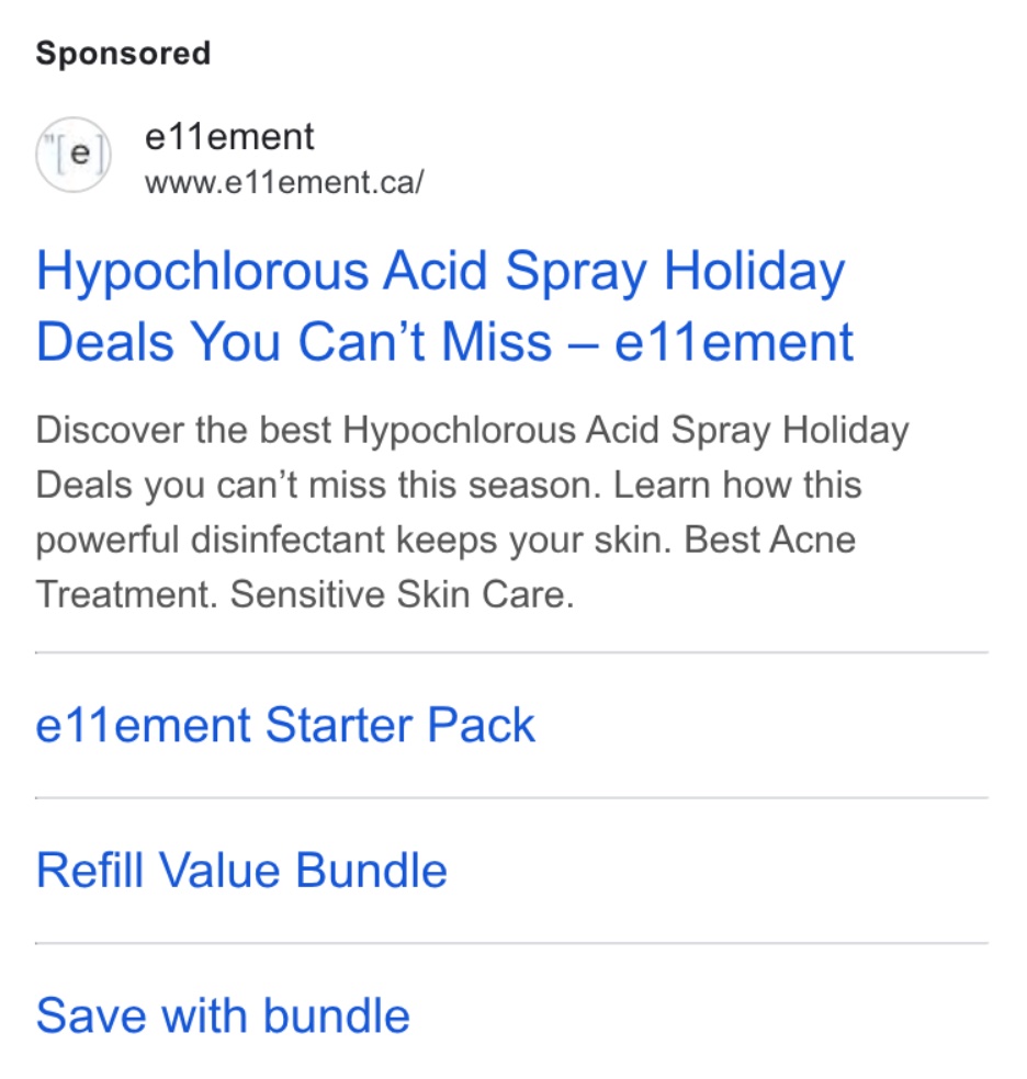 e11ement search ad for the Hypochlorous Acid Spray holiday deals